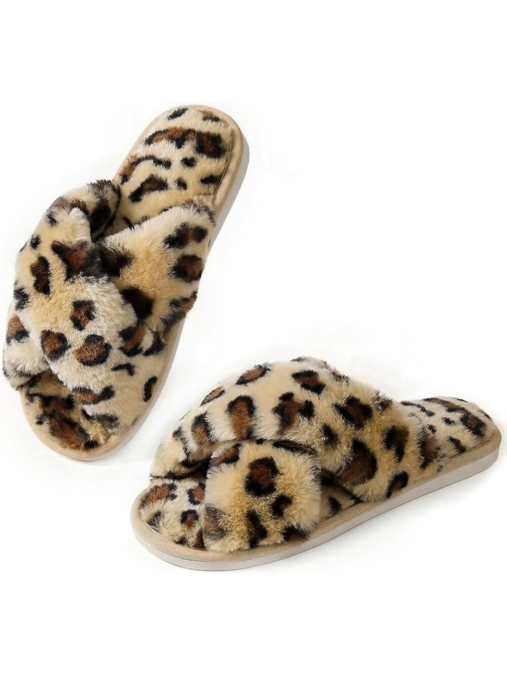 Women's Leapord Brown Cross Band Memory Foam Open Toe Comfy Fuzzy Indoor Slipper